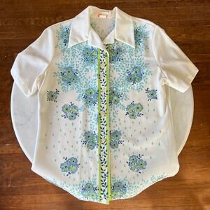 Vintage 70s Floral Button Up Knit Polyester Short Sleeve Collared Blouse / L XL